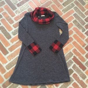 Grey sweater dress with buffalo plaid mock neck
